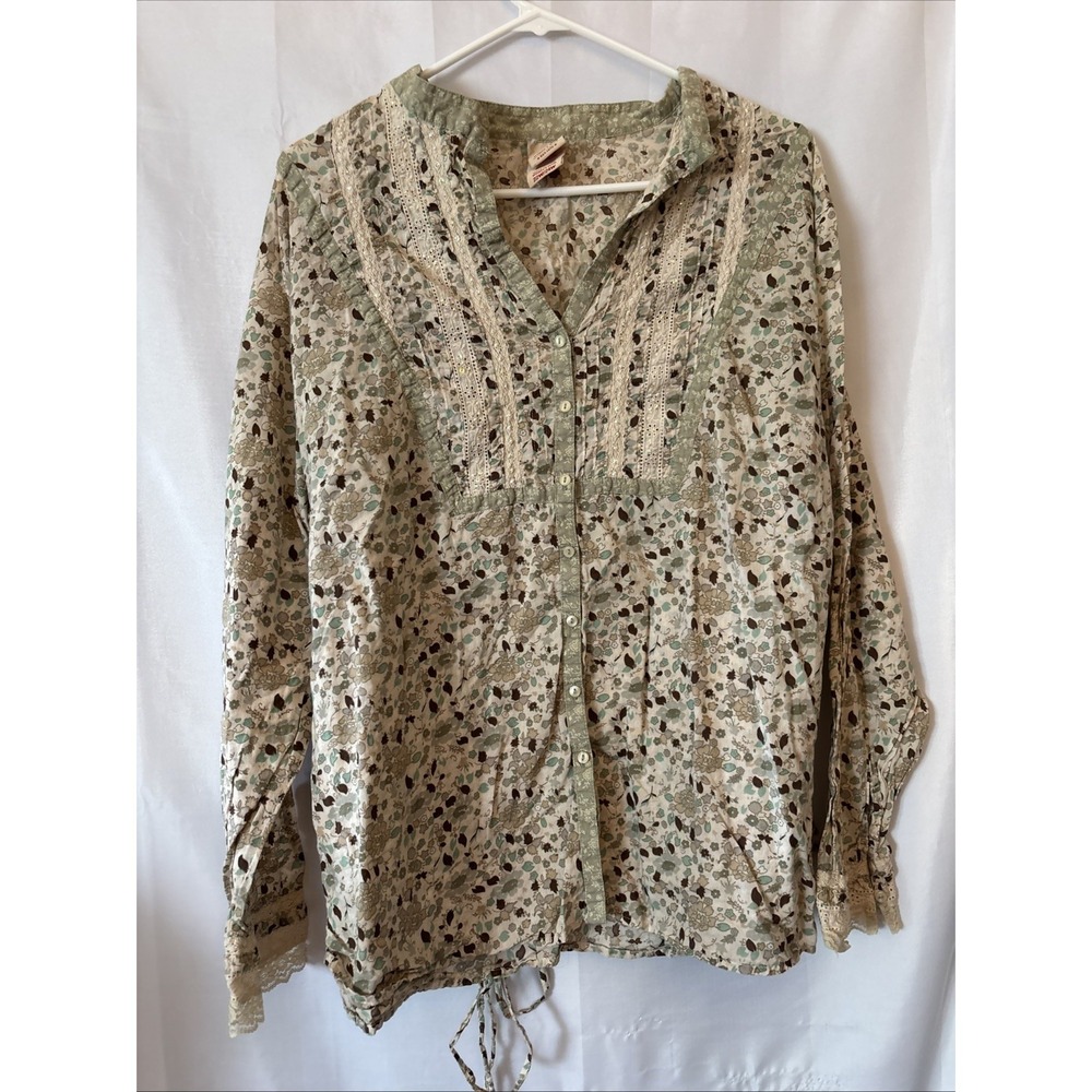 Faded Glory Dainty Floral Lace Inset Boho Babydoll Back Tie LongSleeve Blouse 22